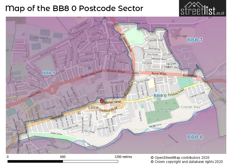 Map of the BB8 0 and surrounding postcode sector