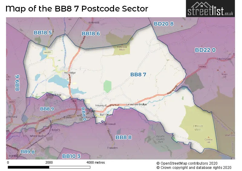 Map of the BB8 7 and surrounding postcode sector