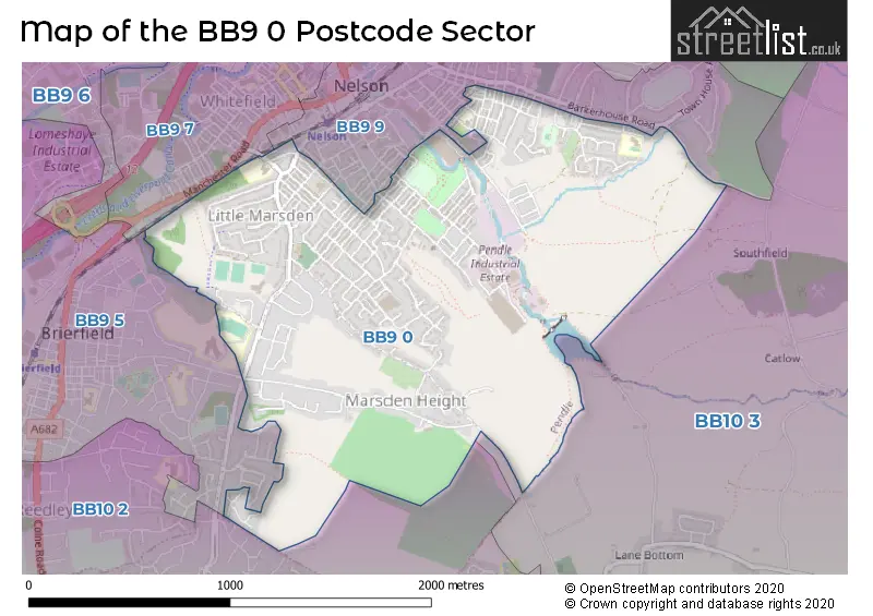 Map of the BB9 0 and surrounding postcode sector