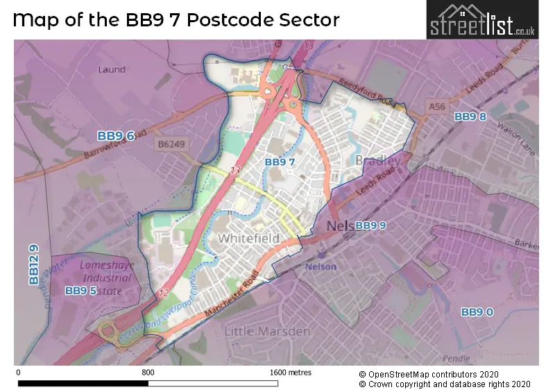 Map of the BB9 7 and surrounding postcode sector