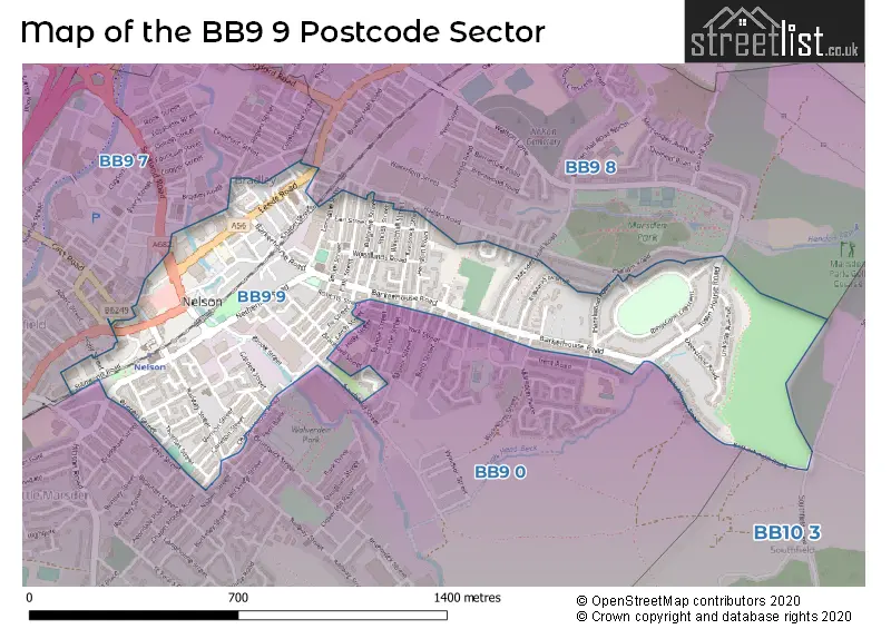 Map of the BB9 9 and surrounding postcode sector