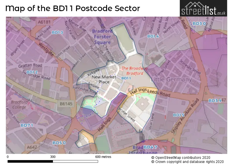 Map of the BD1 1 and surrounding postcode sector