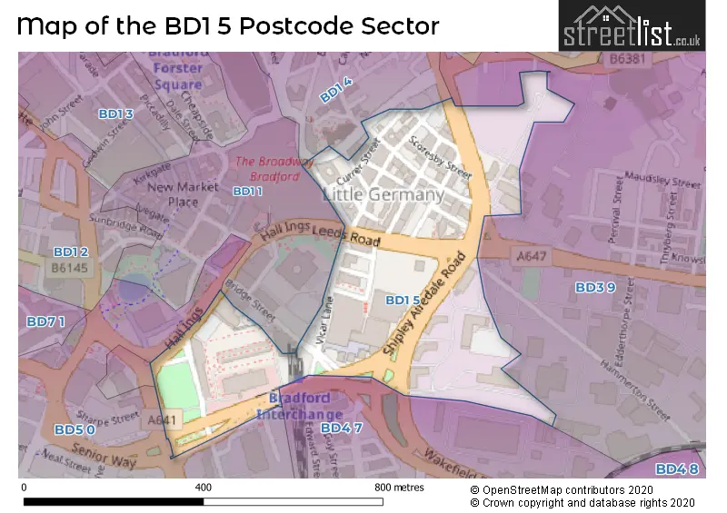 Map of the BD1 5 and surrounding postcode sector