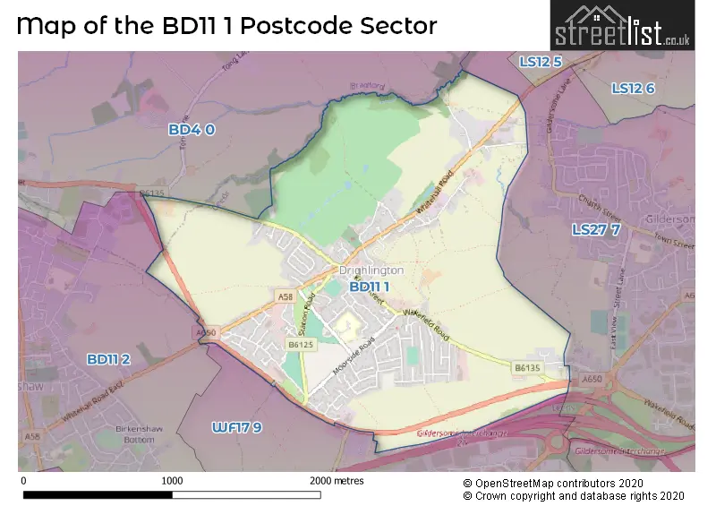 Map of the BD11 1 and surrounding postcode sector