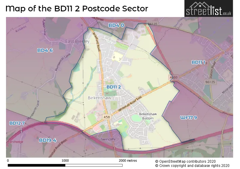 Map of the BD11 2 and surrounding postcode sector