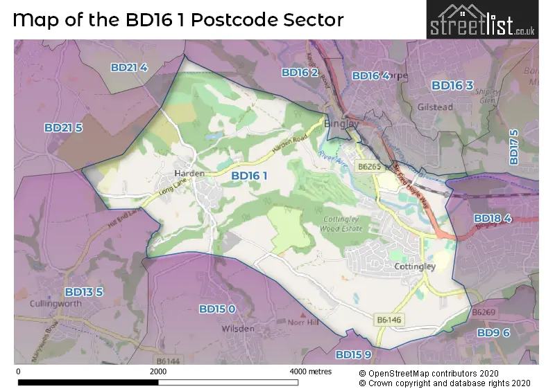 Map of the BD16 1 and surrounding postcode sector