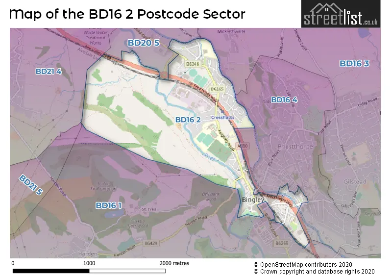 Map of the BD16 2 and surrounding postcode sector