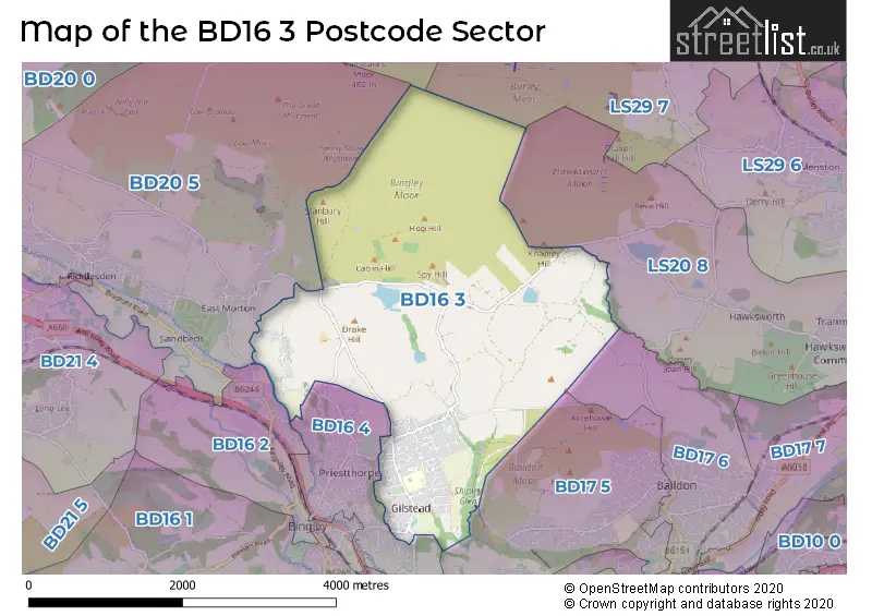 Map of the BD16 3 and surrounding postcode sector