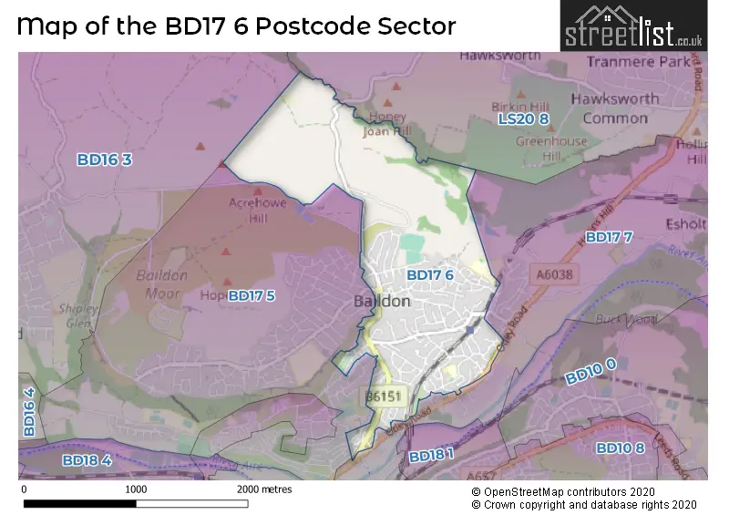 Map of the BD17 6 and surrounding postcode sector