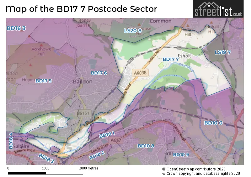 Map of the BD17 7 and surrounding postcode sector