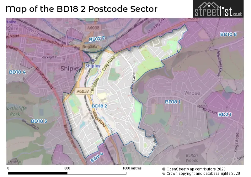 Map of the BD18 2 and surrounding postcode sector