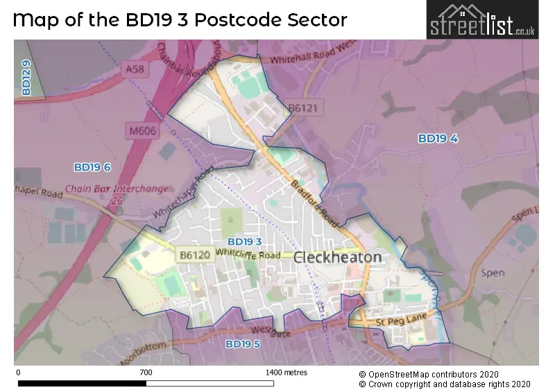 Map of the BD19 3 and surrounding postcode sector