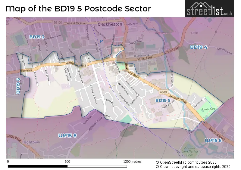 Map of the BD19 5 and surrounding postcode sector