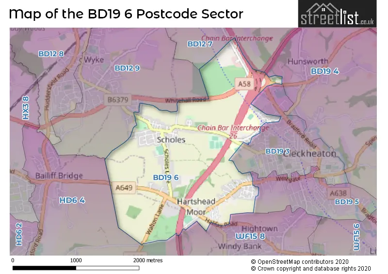 Map of the BD19 6 and surrounding postcode sector