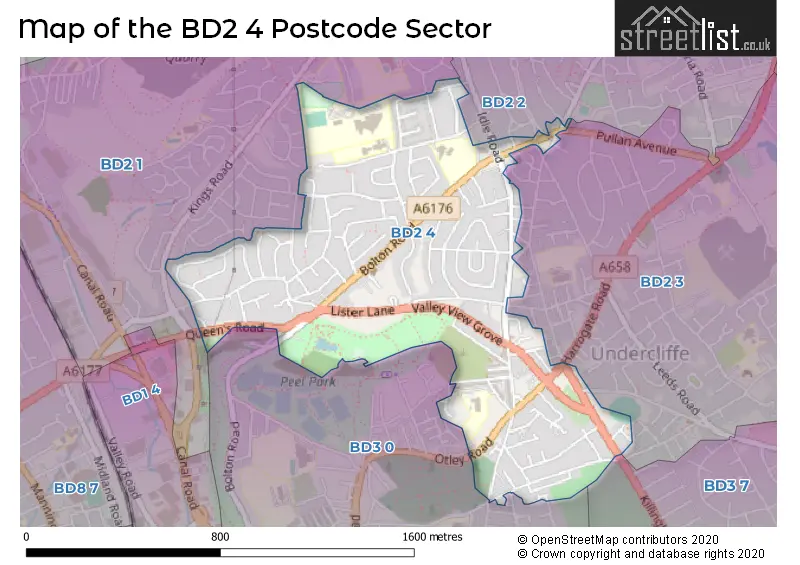 Map of the BD2 4 and surrounding postcode sector