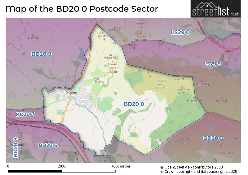 Map of the BD20 0 and surrounding postcode sector