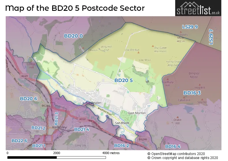 Map of the BD20 5 and surrounding postcode sector