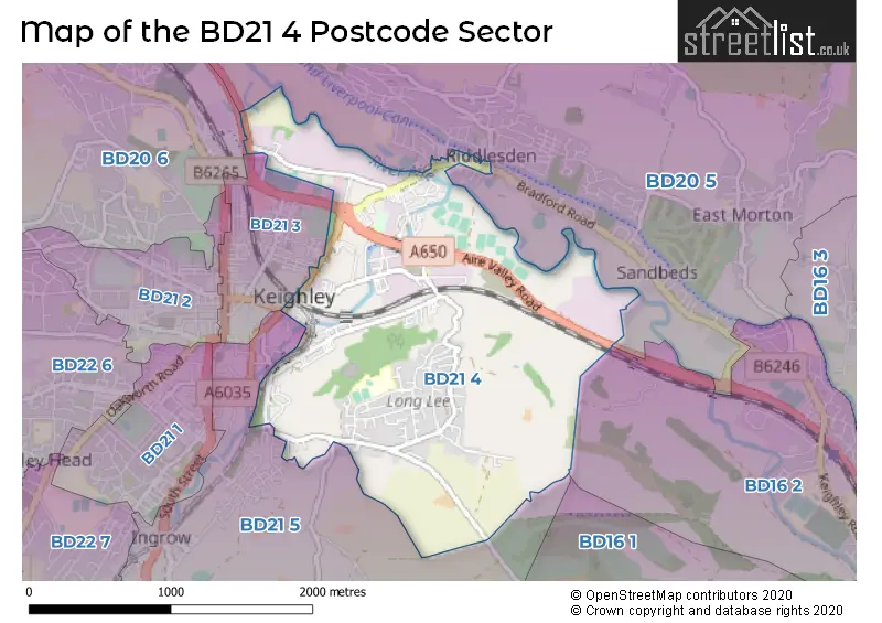 Map of the BD21 4 and surrounding postcode sector