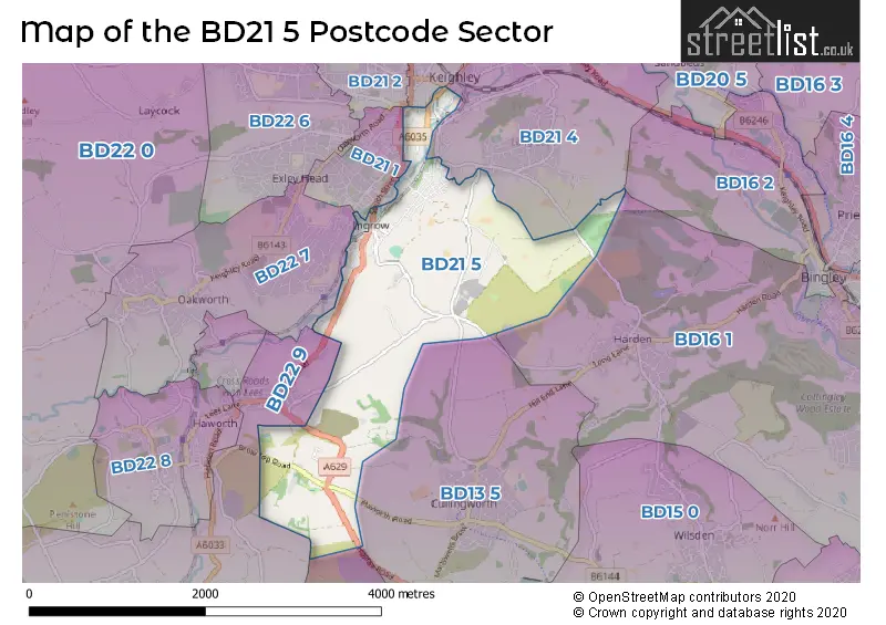 Map of the BD21 5 and surrounding postcode sector