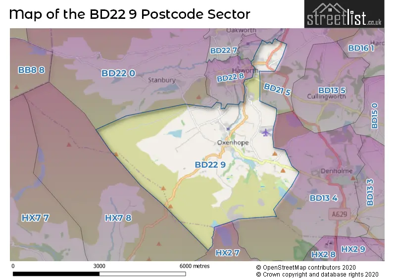 Map of the BD22 9 and surrounding postcode sector