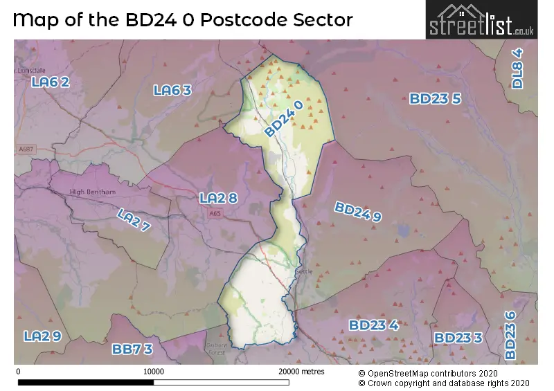 Map of the BD24 0 and surrounding postcode sector