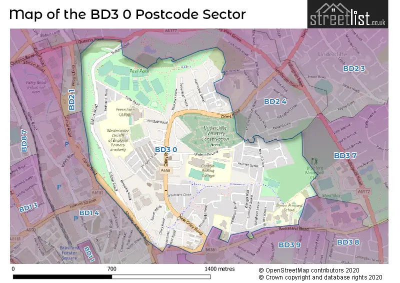 Map of the BD3 0 and surrounding postcode sector