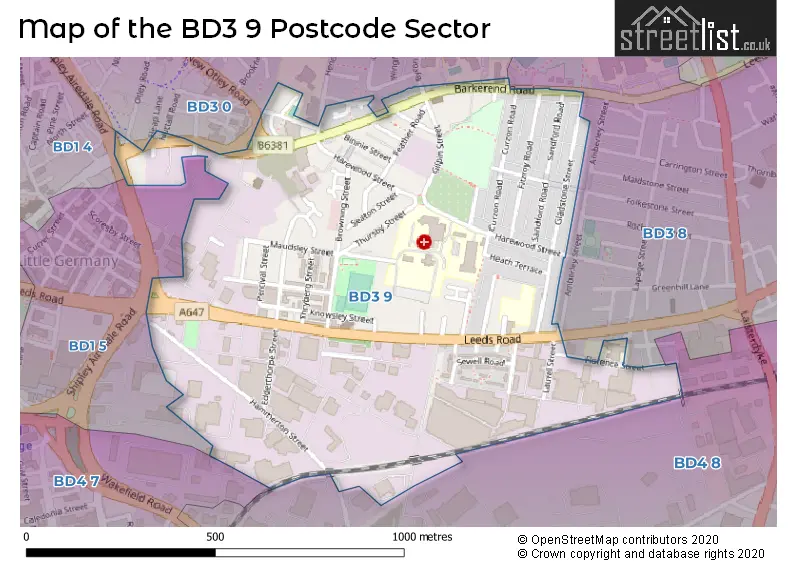 Map of the BD3 9 and surrounding postcode sector