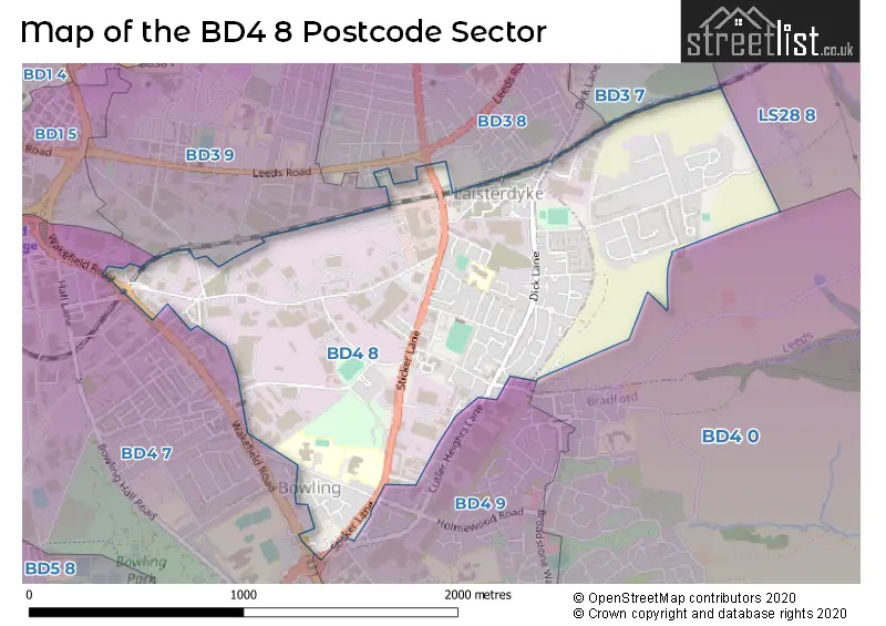 Map of the BD4 8 and surrounding postcode sector