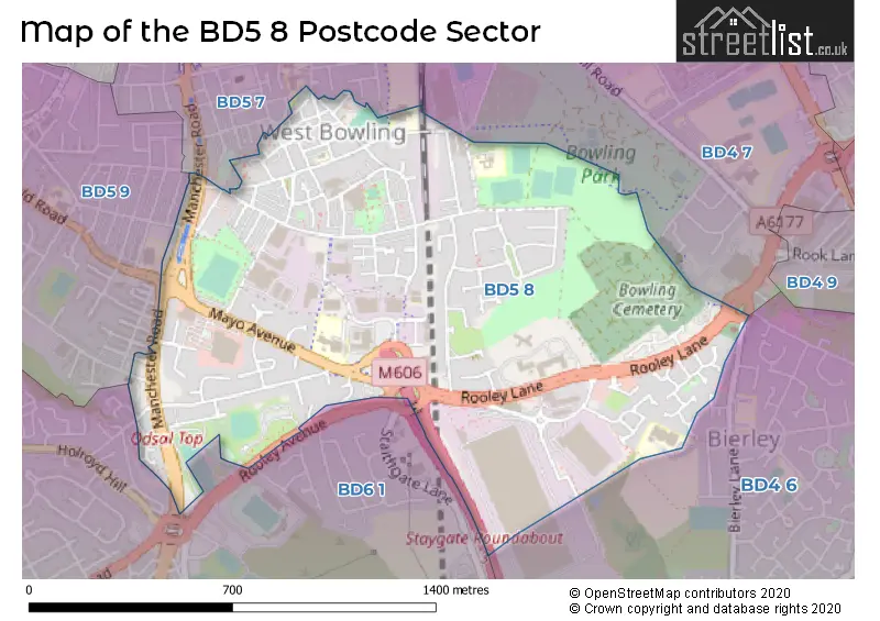 Map of the BD5 8 and surrounding postcode sector