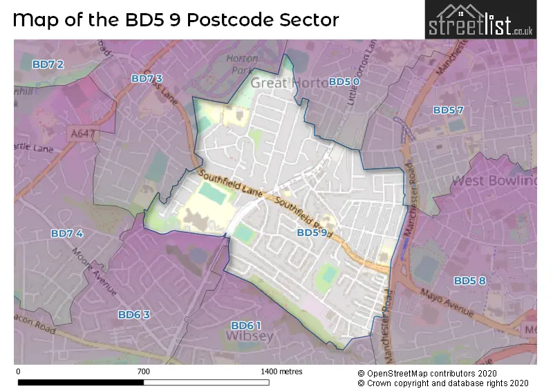 Map of the BD5 9 and surrounding postcode sector