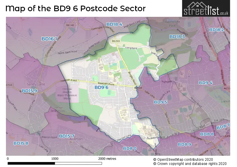 Map of the BD9 6 and surrounding postcode sector