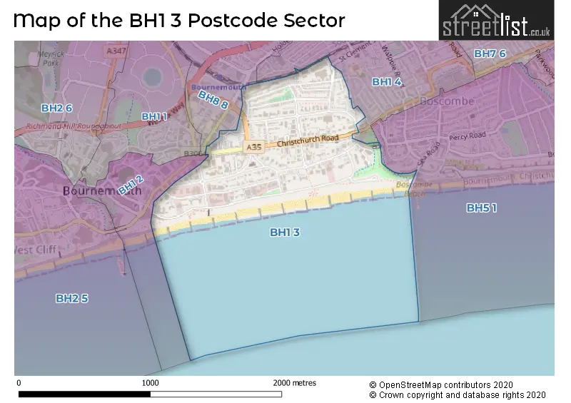 Map of the BH1 3 and surrounding postcode sector