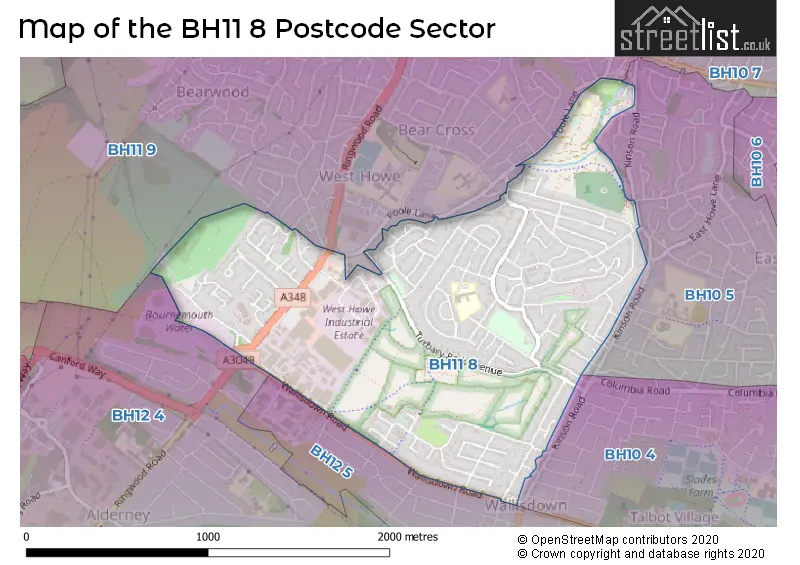 Map of the BH11 8 and surrounding postcode sector