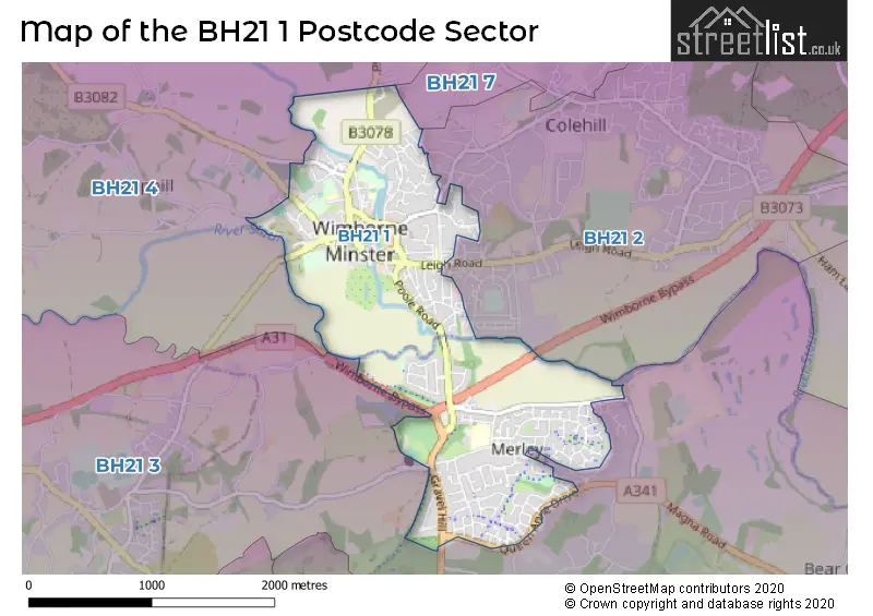 Map of the BH21 1 and surrounding postcode sector