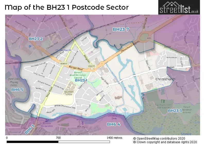 Map of the BH23 1 and surrounding postcode sector