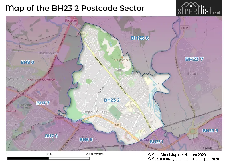 Map of the BH23 2 and surrounding postcode sector