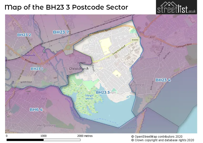 Map of the BH23 3 and surrounding postcode sector