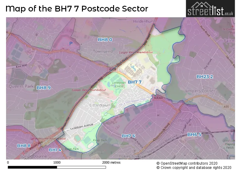 Map of the BH7 7 and surrounding postcode sector