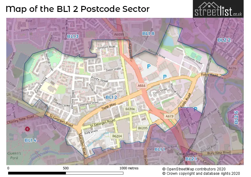 Map of the BL1 2 and surrounding postcode sector