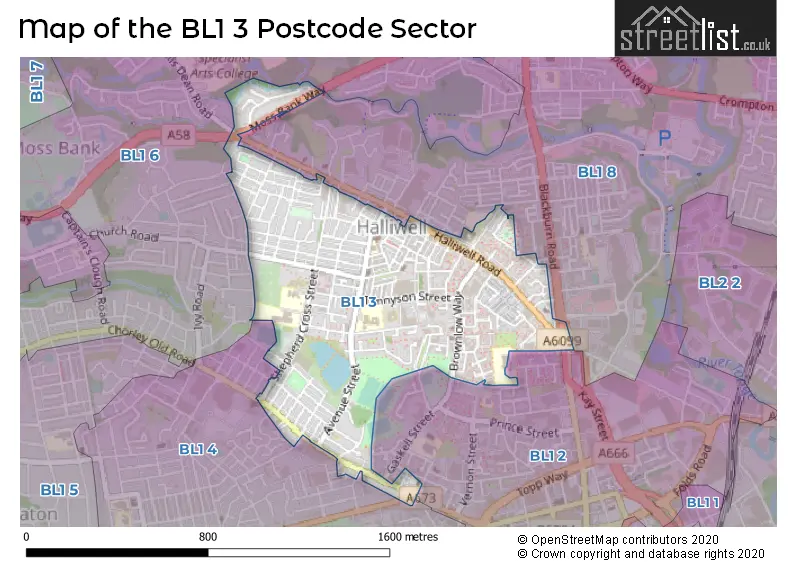 Map of the BL1 3 and surrounding postcode sector