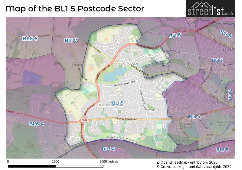 Map of the BL1 5 and surrounding postcode sector