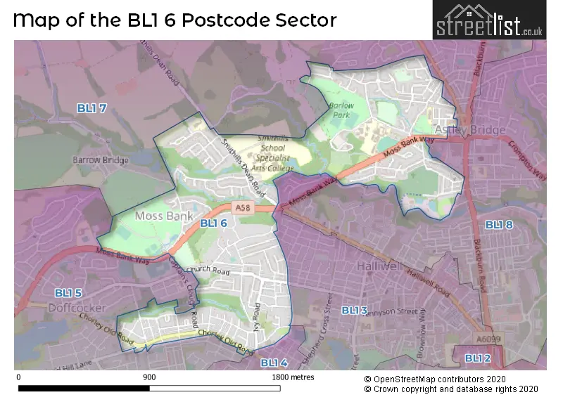 Map of the BL1 6 and surrounding postcode sector