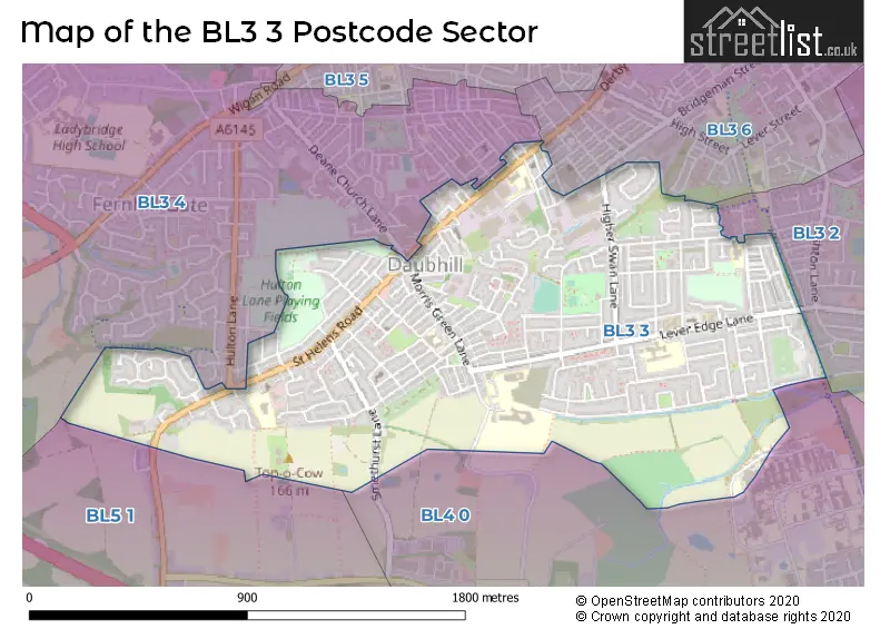 Map of the BL3 3 and surrounding postcode sector