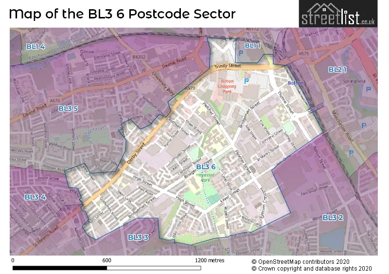 Map of the BL3 6 and surrounding postcode sector