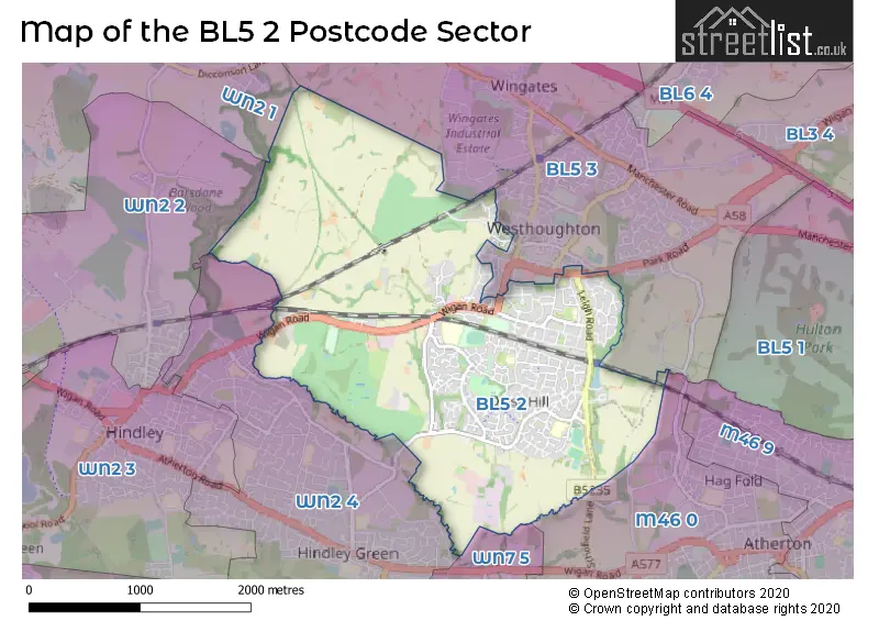 Map of the BL5 2 and surrounding postcode sector