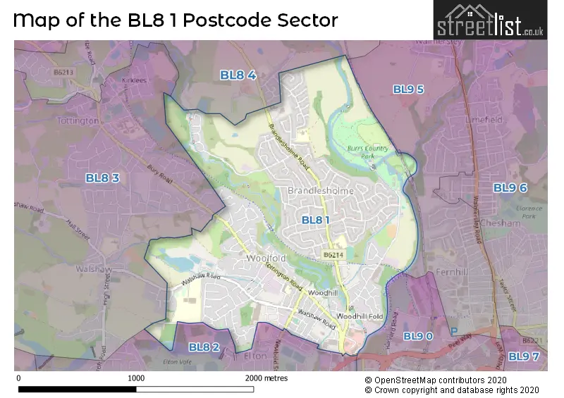 Map of the BL8 1 and surrounding postcode sector