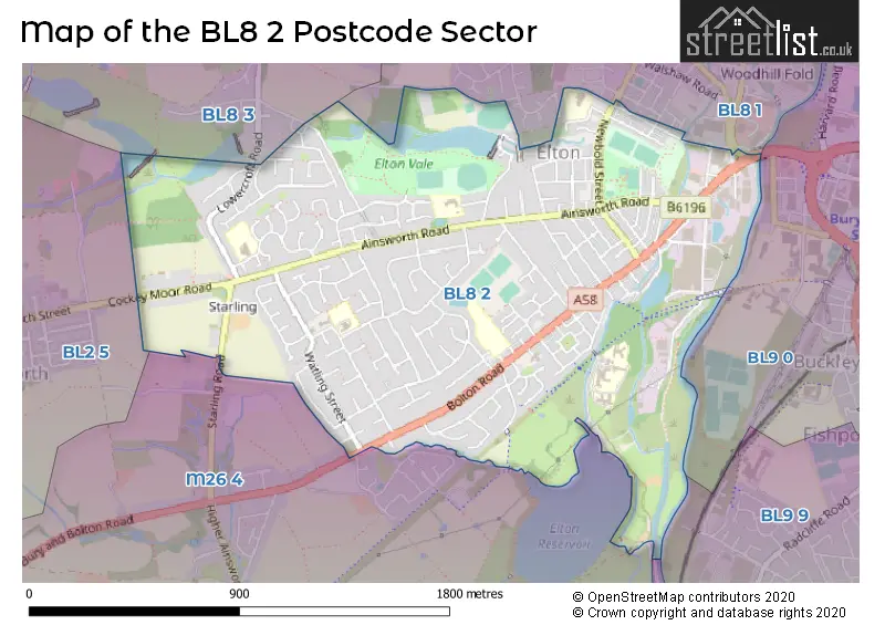 Map of the BL8 2 and surrounding postcode sector