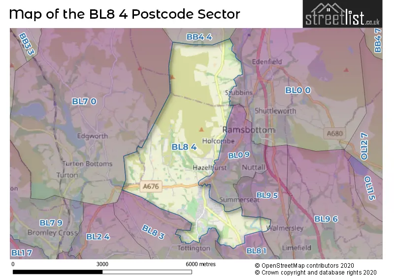 Map of the BL8 4 and surrounding postcode sector