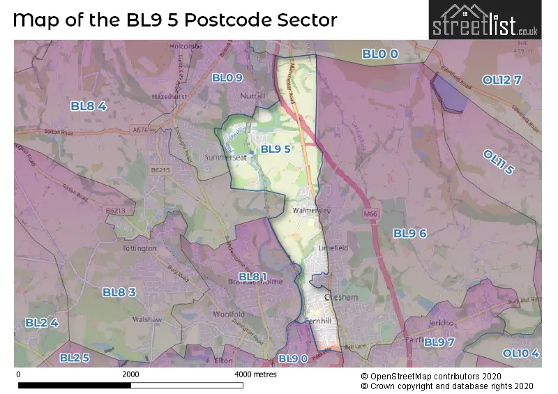 Map of the BL9 5 and surrounding postcode sector