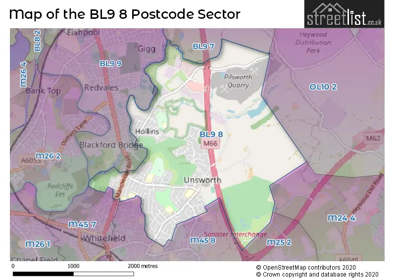 Map of the BL9 8 and surrounding postcode sector